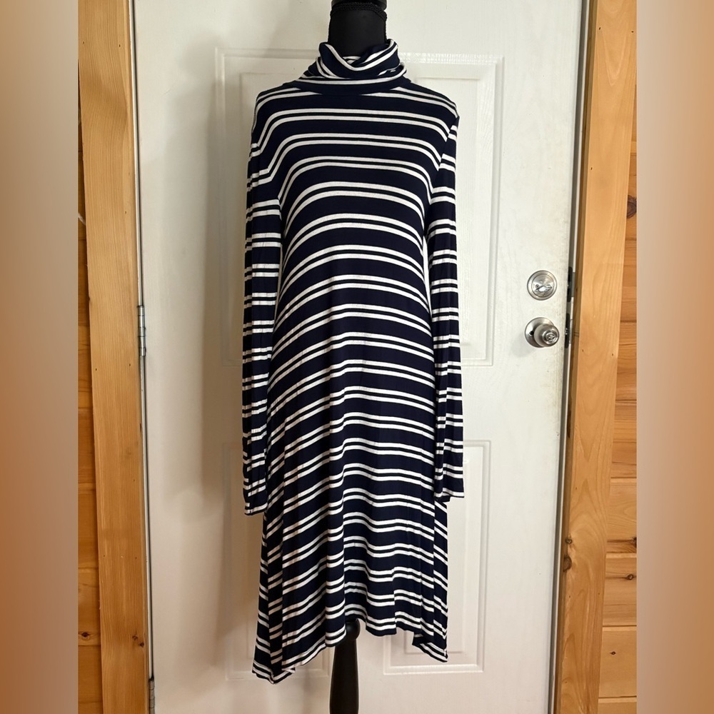 Anthropologie Maeve navy blue and white striped turtleneck dress size M